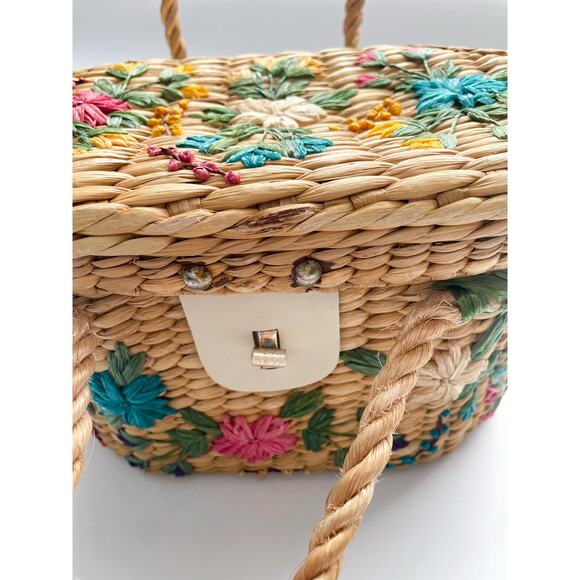 Vintage Straw Basket Top Handle Bag with Colorful Florals - Picture 7 of 16
